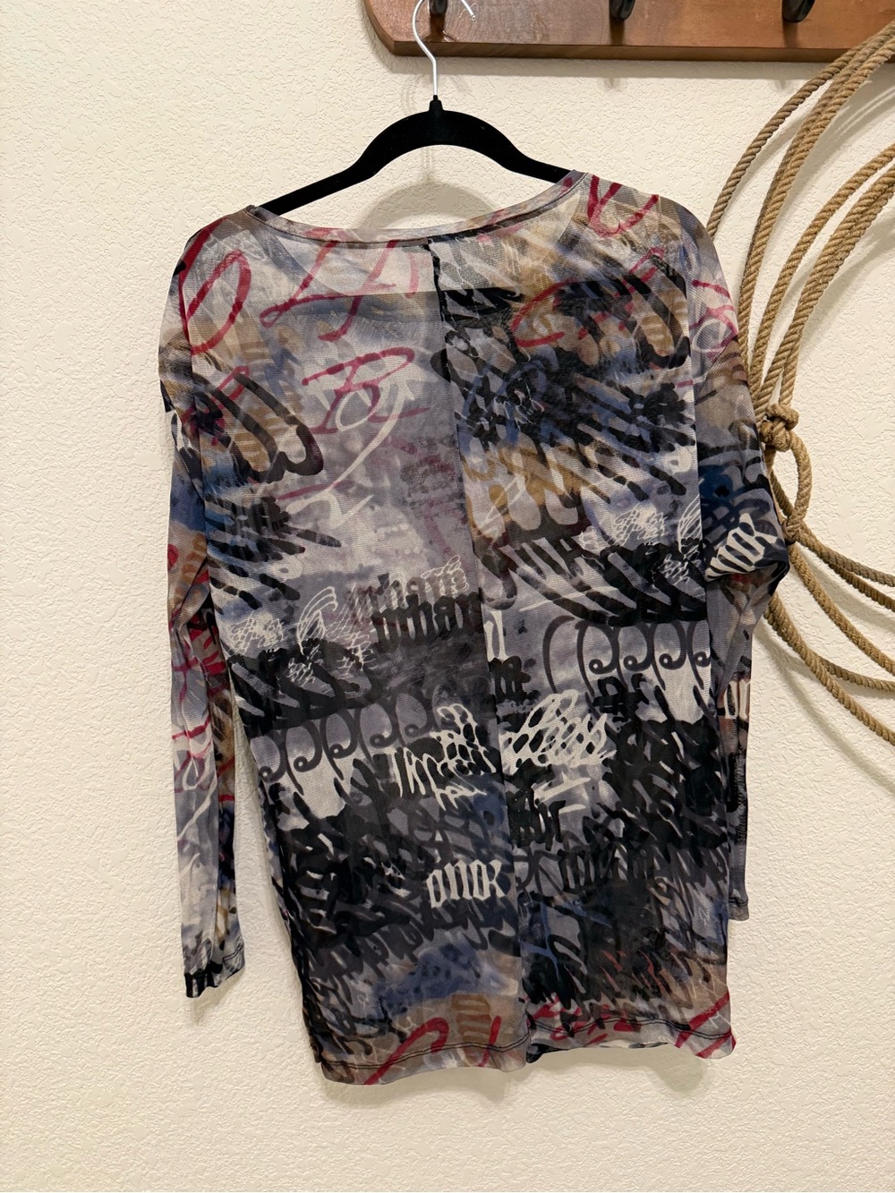 Vintage Y2K Sheer Grunge Graffiti Mesh Top - Long Sleeve Cyber Goth